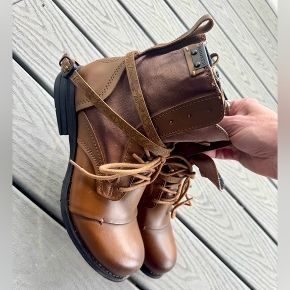 Bunker Shoes - Bunker Sara Moto Boots Womens 9.5 Brown Leather Wrap Strap Combat